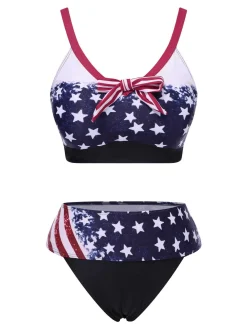 Hot Retro Stage 1960s Strap Stars Stripes Bow Bikini Multicolor