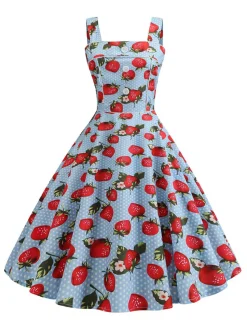 Outlet Retro Stage 1950s Strap Strawberry Polka Dots Sleeveless Dress