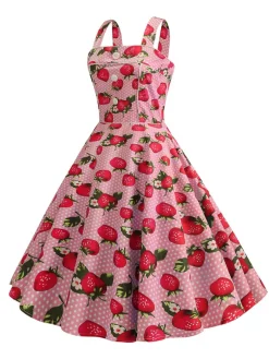 Outlet Retro Stage 1950s Strap Strawberry Polka Dots Sleeveless Dress