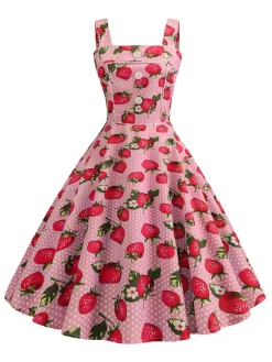 Outlet Retro Stage 1950s Strap Strawberry Polka Dots Sleeveless Dress