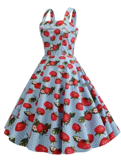 Outlet Retro Stage 1950s Strap Strawberry Polka Dots Sleeveless Dress