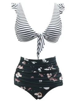 New Retro Stage 1970s Strap Stripes Floral Swimsuit Multicolor