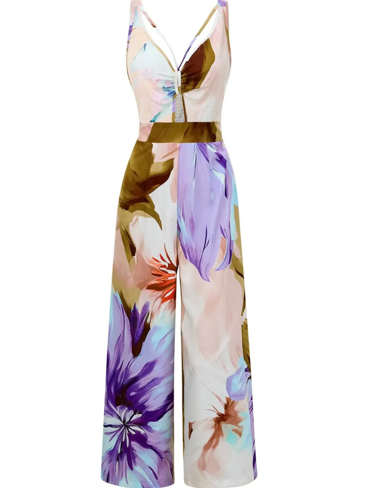 Hot Retro Stage 1970s Strap V-Neck Floral Smocked Jumpsuit