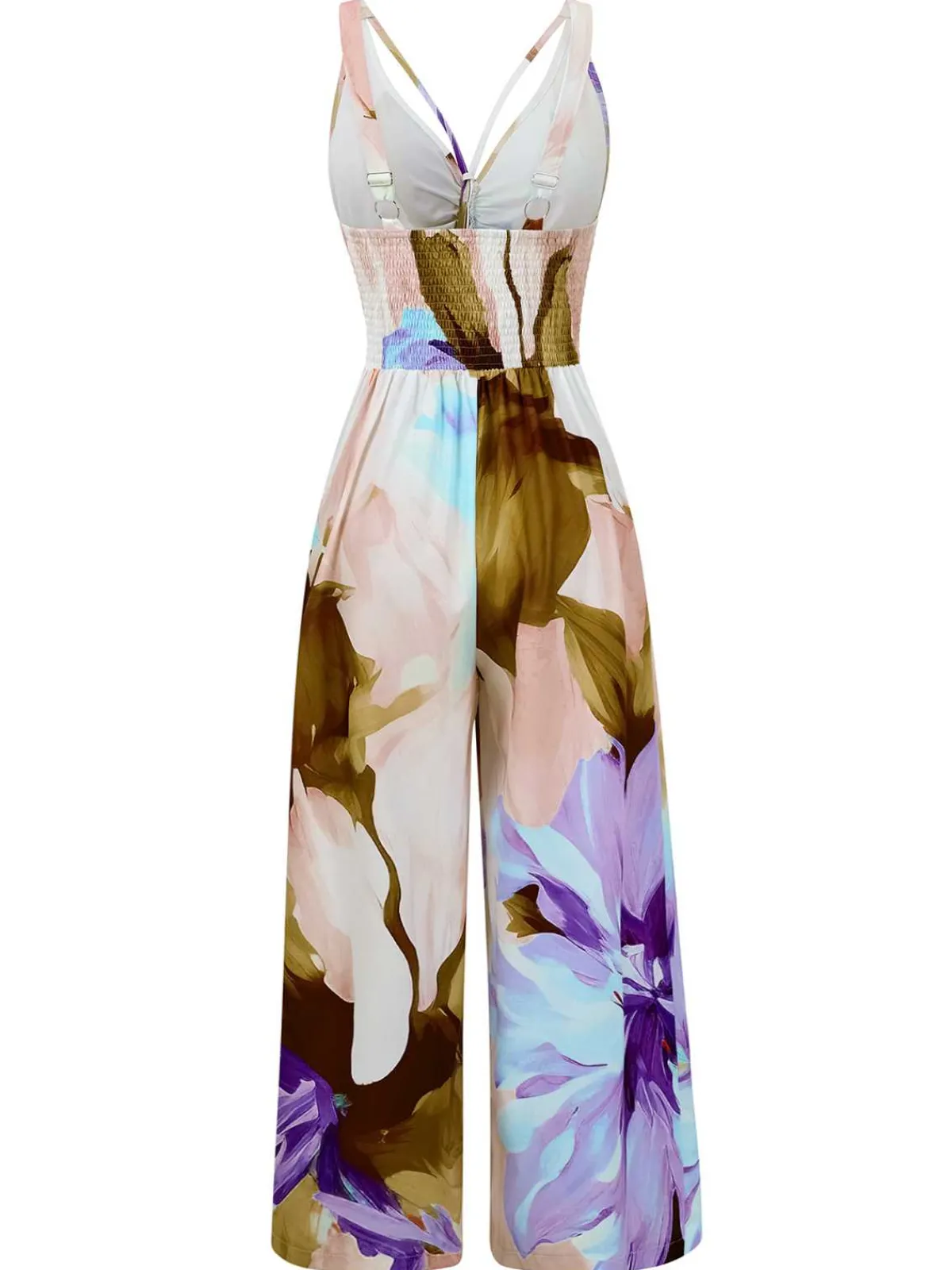 Hot Retro Stage 1970s Strap V-Neck Floral Smocked Jumpsuit