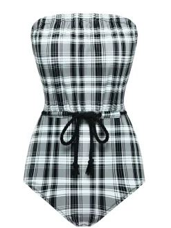 Online Retro Stage 1950s Strapless Plaids One-Piece Swimsuit Black