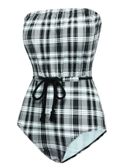 Online Retro Stage 1950s Strapless Plaids One-Piece Swimsuit Black