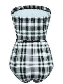 Online Retro Stage 1950s Strapless Plaids One-Piece Swimsuit Black