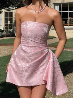 Clearance Retro Stage 1970s Strapless Roses Jacquard Dress