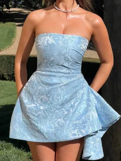 Clearance Retro Stage 1970s Strapless Roses Jacquard Dress