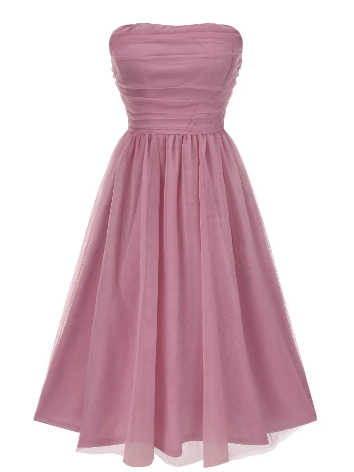 Sale Retro Stage 1950s Strapless Ruched Mesh Sleeveless Dress Pink