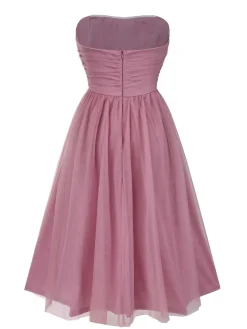 Sale Retro Stage 1950s Strapless Ruched Mesh Sleeveless Dress Pink