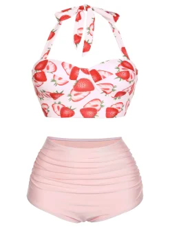 Best Retro Stage 1950s Strawberry Halter Lace-Up Pleated Bikini Set Pink