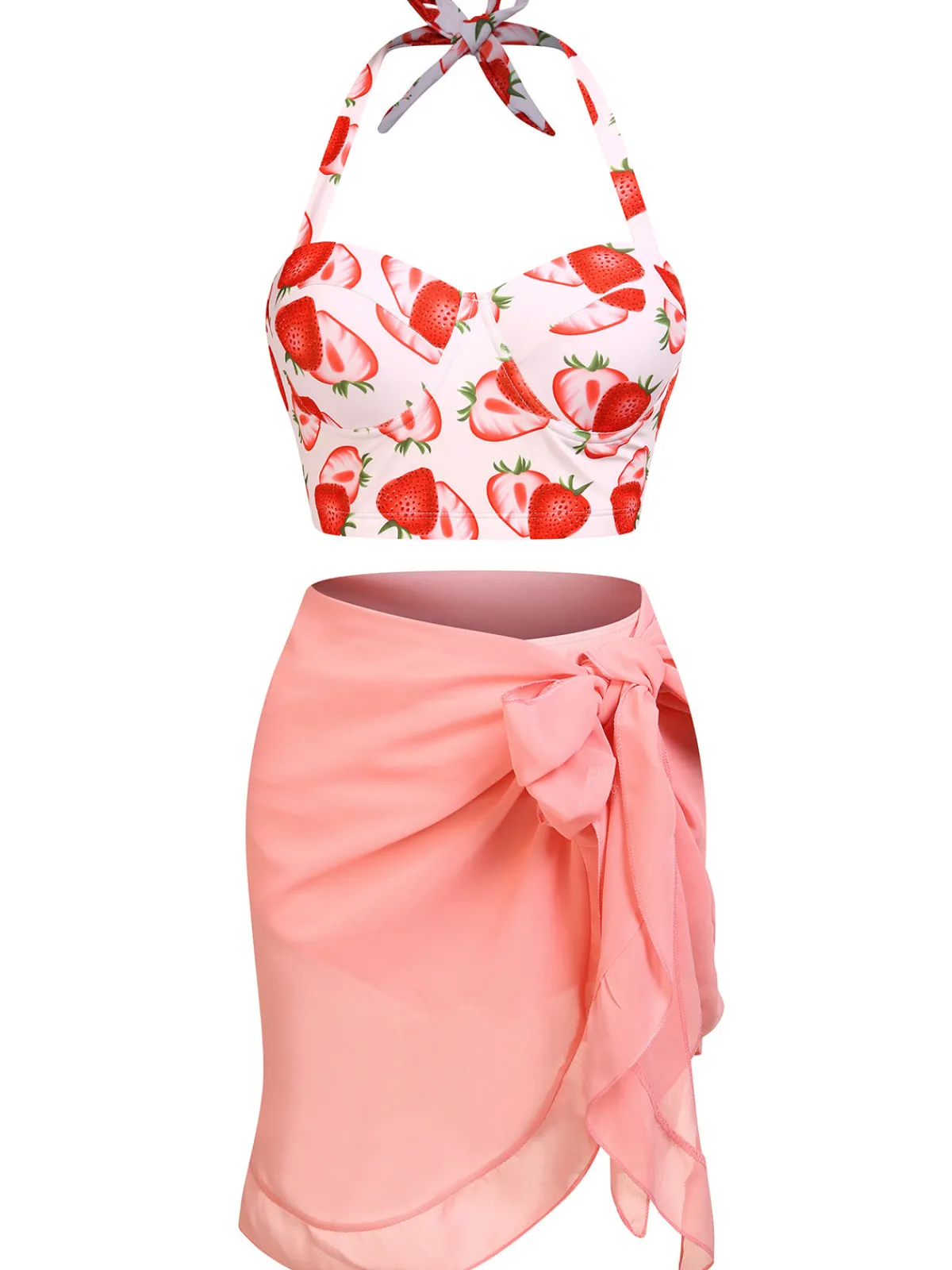 Best Retro Stage 1950s Strawberry Halter Lace-Up Pleated Bikini Set Pink