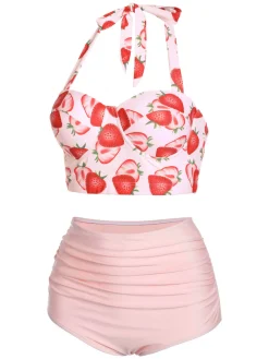 Best Retro Stage 1950s Strawberry Halter Lace-Up Pleated Bikini Set Pink