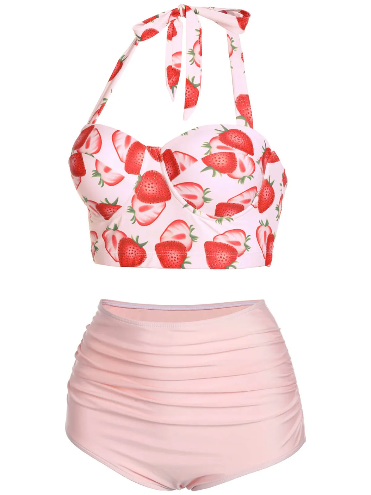 Best Retro Stage 1950s Strawberry Halter Lace-Up Pleated Bikini Set Pink