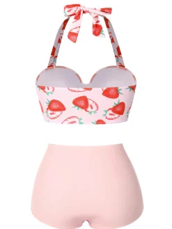 Best Retro Stage 1950s Strawberry Halter Lace-Up Pleated Bikini Set Pink