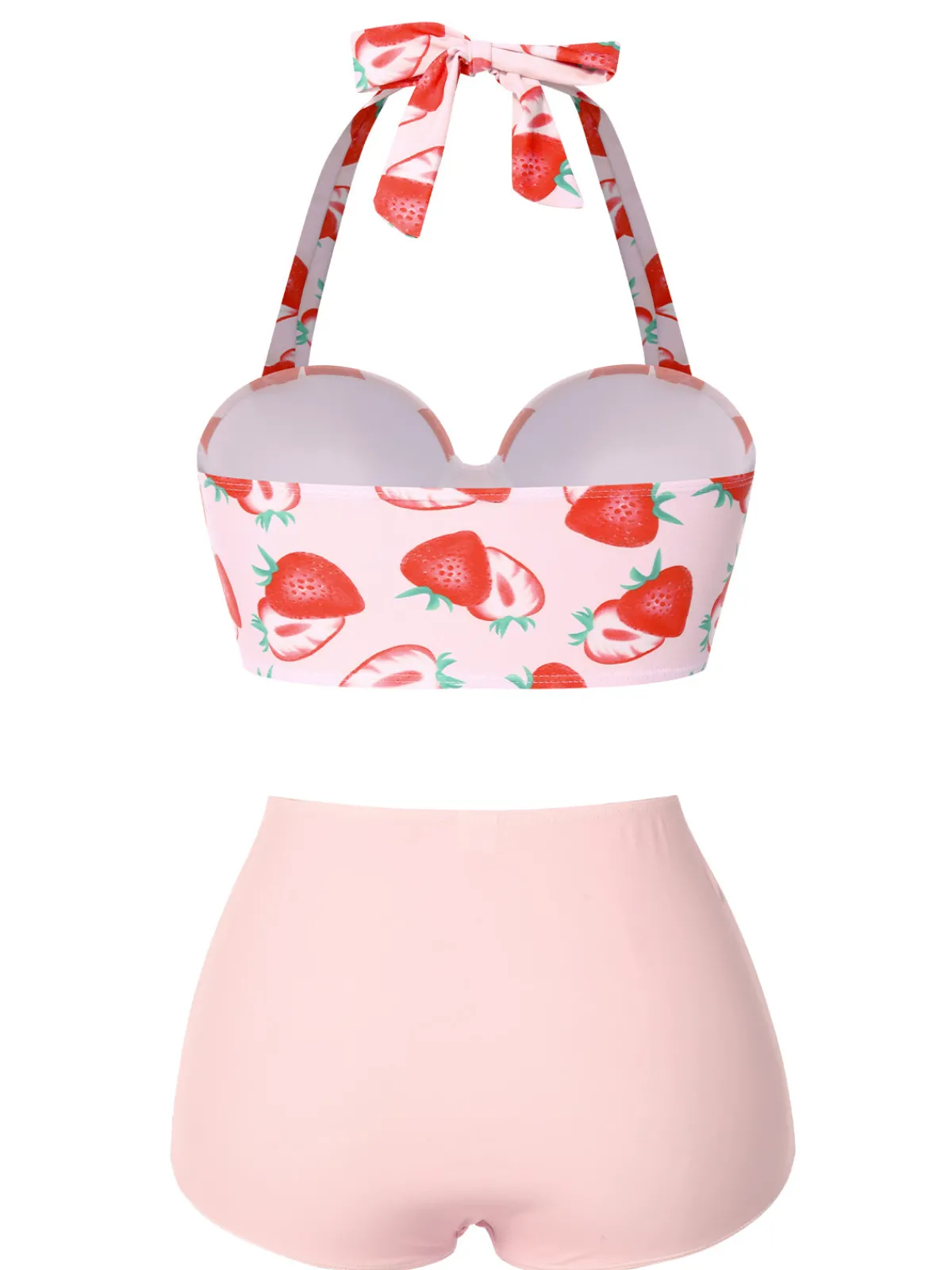 Best Retro Stage 1950s Strawberry Halter Lace-Up Pleated Bikini Set Pink