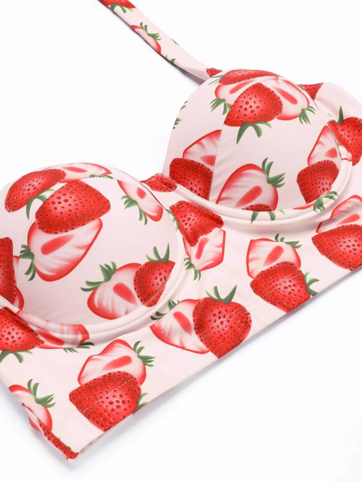Best Retro Stage 1950s Strawberry Halter Lace-Up Pleated Bikini Set Pink
