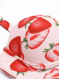 Best Retro Stage 1950s Strawberry Halter Lace-Up Pleated Bikini Set Pink
