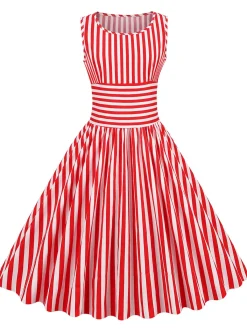 Sale Retro Stage 1950s Stripe Crew Neck Swing Dress