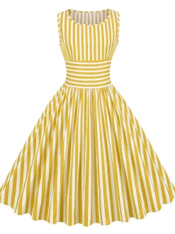 Sale Retro Stage 1950s Stripe Crew Neck Swing Dress