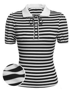 Sale Retro Stage 1950s Stripe Lapel Bow Knit Top Black-White