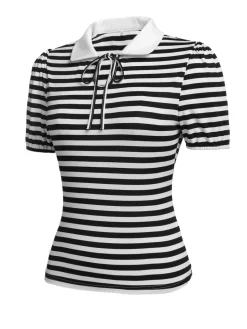 Sale Retro Stage 1950s Stripe Lapel Bow Knit Top Black-White