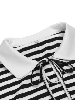 Sale Retro Stage 1950s Stripe Lapel Bow Knit Top Black-White