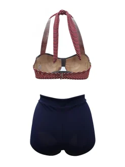 Discount Retro Stage 1950s Stripe Patchwork Bow Halter Bikini Navy Blue