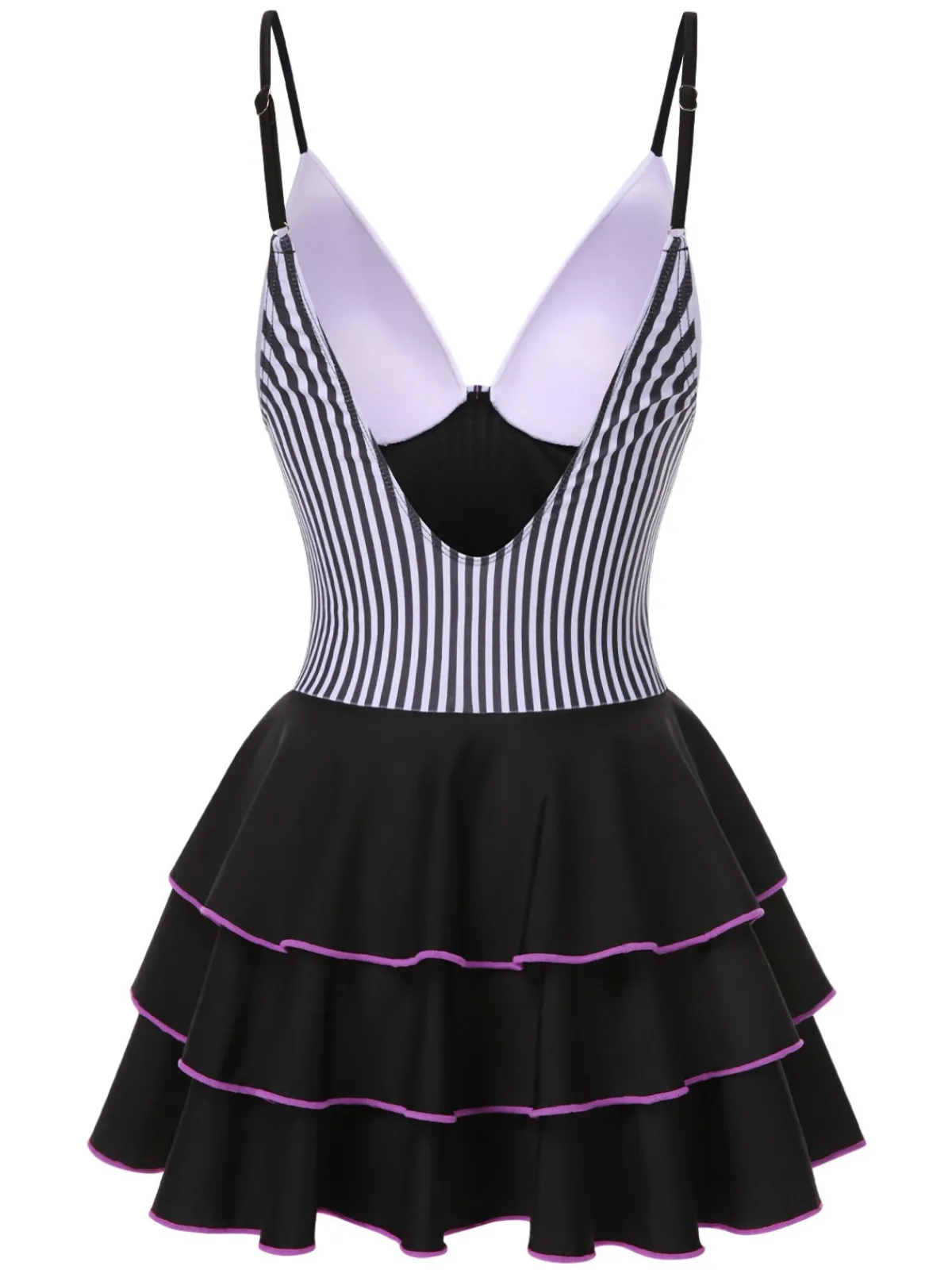 Fashion Retro Stage 1940s Stripe Patchwork Layered Hem Swim Dress Black