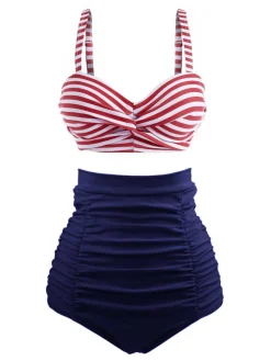 Outlet Retro Stage 1940s Striped Colorblock Retro Bikini Set