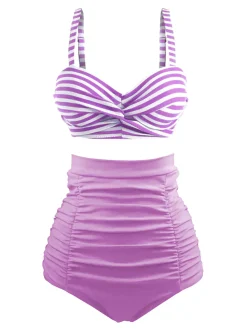 Best Retro Stage 1940s Striped Colorblock Vintage Bikini Set