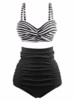 Best Retro Stage 1940s Striped Colorblock Vintage Bikini Set