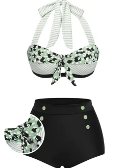 Hot Retro Stage 1950s Striped Patchwork Halter Swimsuit