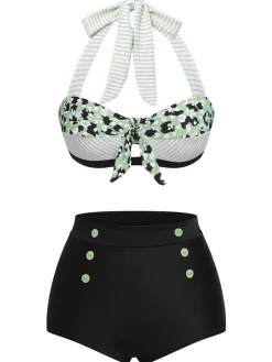 Hot Retro Stage 1950s Striped Patchwork Halter Swimsuit