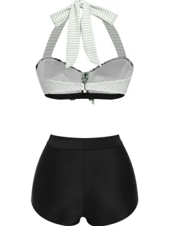 Hot Retro Stage 1950s Striped Patchwork Halter Swimsuit