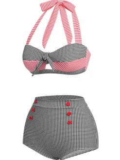 Hot Retro Stage 1950s Striped Patchwork Halter Swimsuit