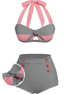 Hot Retro Stage 1950s Striped Patchwork Halter Swimsuit
