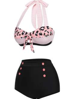 Hot Retro Stage 1950s Striped Patchwork Halter Swimsuit