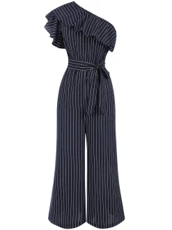 Best Retro Stage 1950s Striped Slanted Shoulder Ruffle Jumpsuit