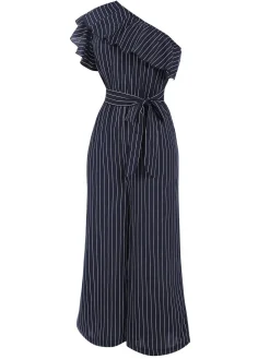 Best Retro Stage 1950s Striped Slanted Shoulder Ruffle Jumpsuit