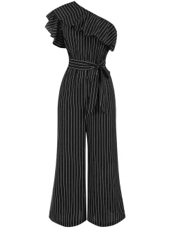 Best Retro Stage 1950s Striped Slanted Shoulder Ruffle Jumpsuit