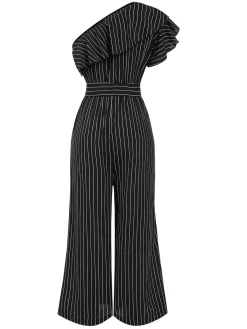 Best Retro Stage 1950s Striped Slanted Shoulder Ruffle Jumpsuit