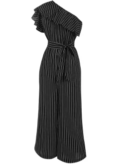 Best Retro Stage 1950s Striped Slanted Shoulder Ruffle Jumpsuit