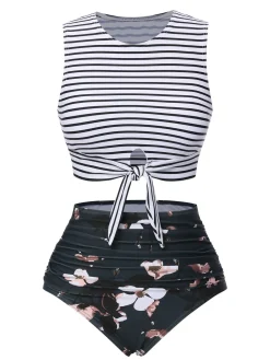 Clearance Retro Stage 1970s Striped Waist Tie Floral Tankini Set