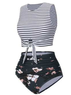 Clearance Retro Stage 1970s Striped Waist Tie Floral Tankini Set