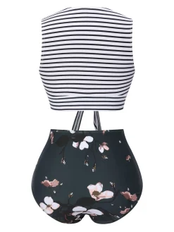 Clearance Retro Stage 1970s Striped Waist Tie Floral Tankini Set