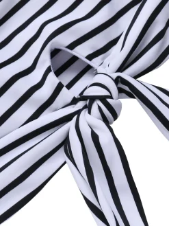 Clearance Retro Stage 1970s Striped Waist Tie Floral Tankini Set