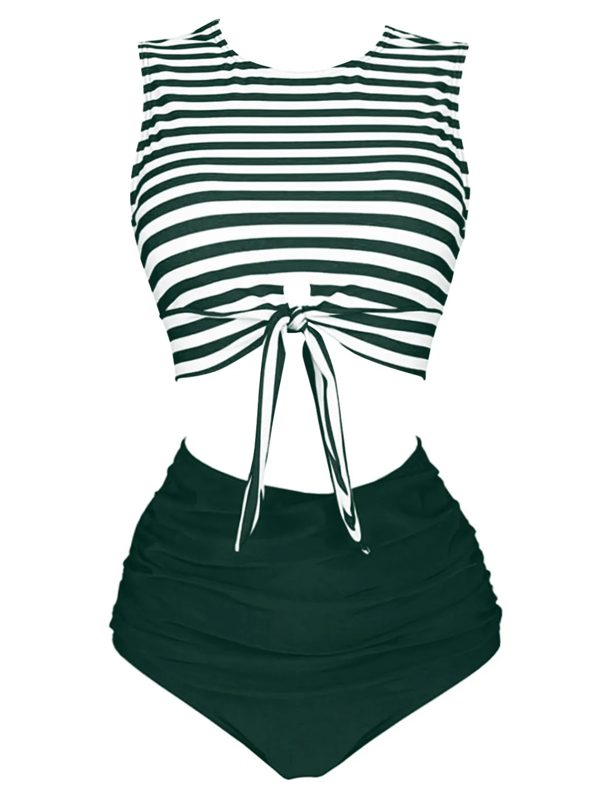 Clearance Retro Stage 1970s Striped Waist Tie Floral Tankini Set