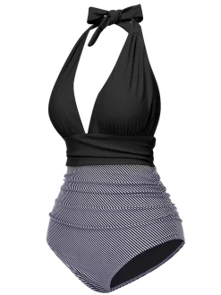 Online Retro Stage 1940s Stripes Backless Halter Ruched Swimsuit